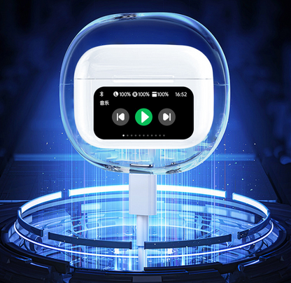 Popular wireless Bluetooth earphones with full-color touchscreen, high-quality sound, and low latency.